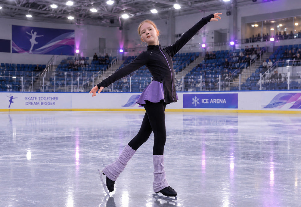 Young figure skater in purple and black practice wear mid-spiral at the rink